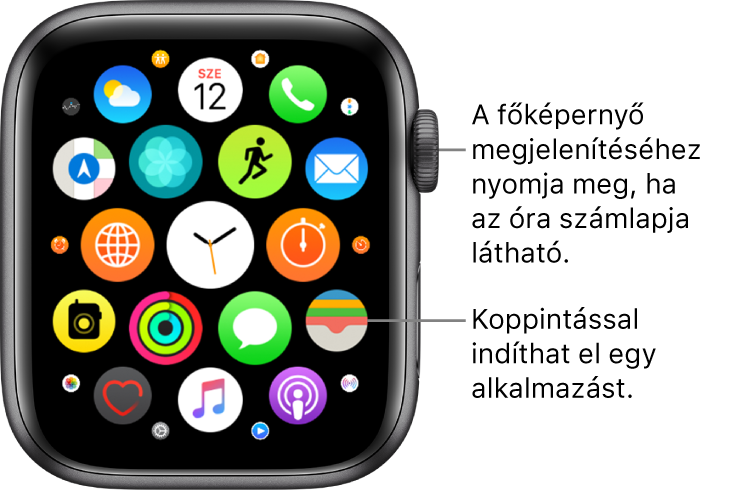 Az Apple Watch Főképernyője rácsnézetben az alkalmazások egy csoportjával. Az alkalmazás megnyitásához koppintson rá. Elhúzással további alkalmazásokat jeleníthet meg.