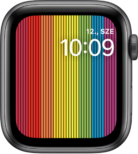 A Pride, digitális óraszámlap függőleges szivárványcsíkokkal, a nappal, dátummal és idővel a jobb felső sarokban.