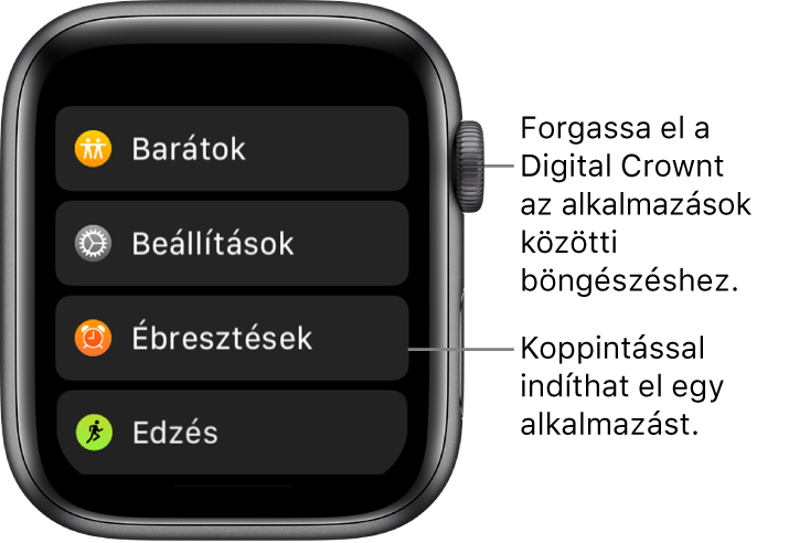 Az Apple Watch Főképernyője listanézetben az alkalmazások listájával. Az alkalmazás megnyitásához koppintson rá. Görgessen a további alkalmazások megjelenítéséhez.