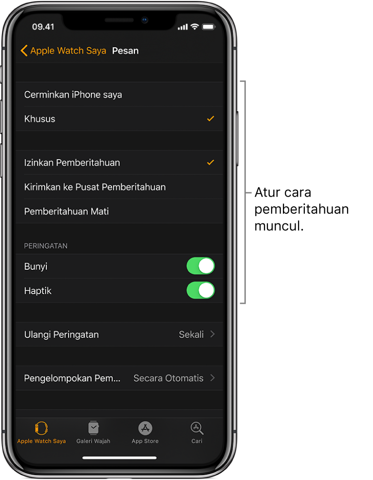 Pengaturan Pesan di app Apple Watch pada iPhone. Anda dapat memilih untuk menampilkan peringatan, menyalakan bunyi, menyalakan haptik, dan mengulangi peringatan.
