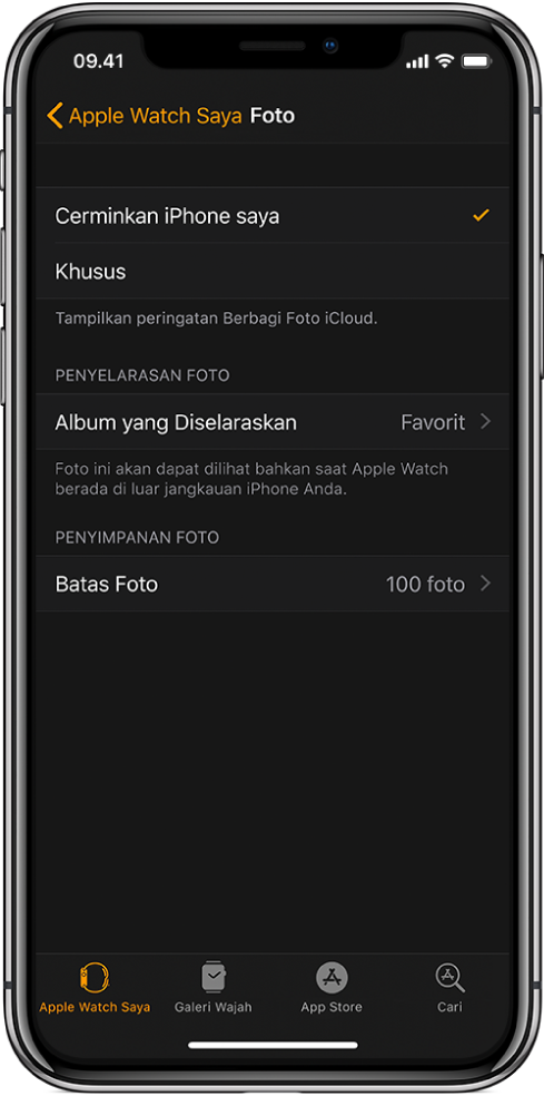 Pengaturan Foto di app Apple Watch pada iPhone, dengan pengaturan Album yang Diselaraskan di bagian tengah, dan pengaturan Batas Foto di bawahnya.