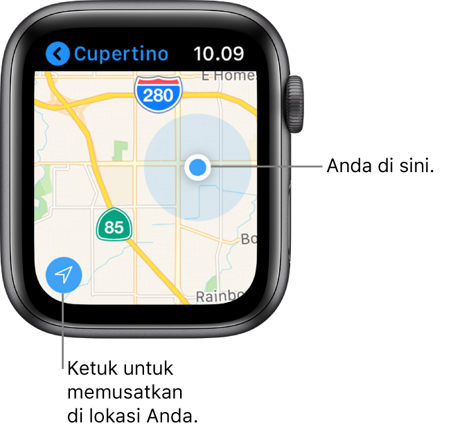 App Peta menampilkan peta; ketuk tanda panah di pojok kiri bawah untuk memusatkan lokasi Anda saat ini; lokasi Anda ditunjukkan sebagai titik biru pada peta.