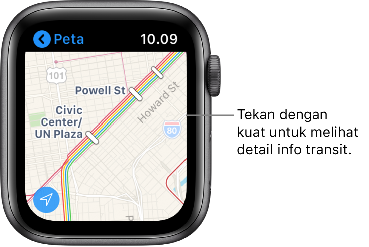 App Peta menampilkan detail transit, termasuk rute dan nama pemberhentian.