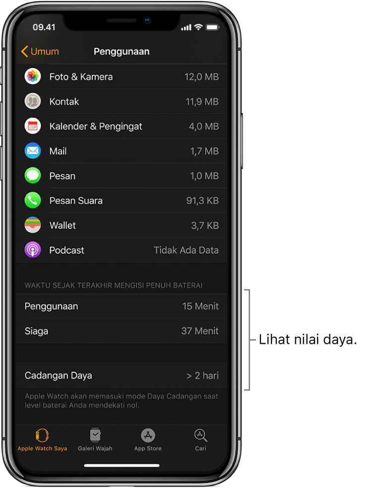 Pada layar Penggunaan di app Apple Watch, lihat nilai daya untuk Penggunaan, Siaga, dan Cadangan Daya di setengah bagian bawah layar.