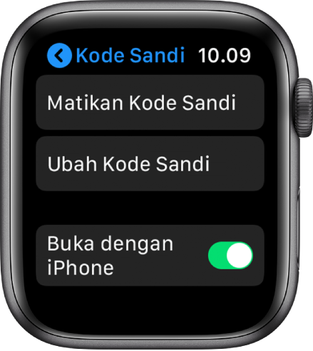 Pengaturan kode sandi di Apple Watch, dengan tombol Matikan Kode Sandi di bagian atas, tombol Ubah Kode Sandi di bawahnya, dan Buka iPhone di bagian bawah.