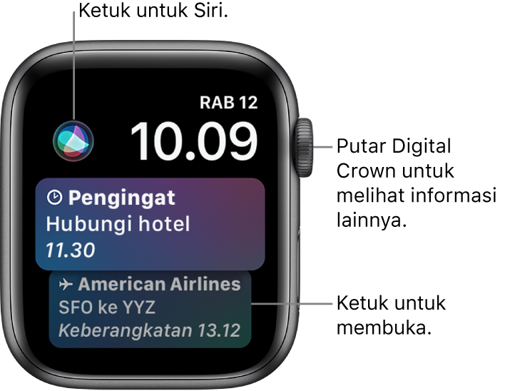 Wajah jam Siri menampilkan pengingat dan boarding pass. Tombol Siri berada di bagian kiri atas layar. Tanggal dan waktu berada di bagian kanan atas.
