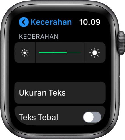 Pengaturan Kecerahan di Apple Watch, dengan penggeser Kecerahan di bagian atas, tombol Ukuran Teks di bawahnya, dan kontrol Teks Tebal di bagian bawah.