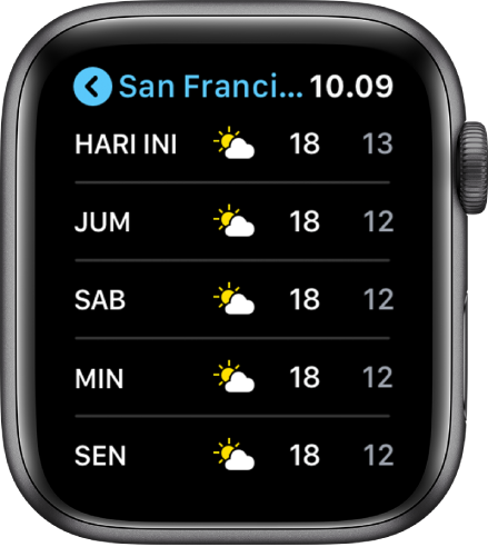 App Weather menampilkan daftar kota.