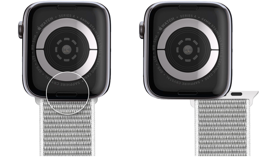 Dua gambar Apple Watch. Gambar di sebelah kiri menampilkan tombol pelepas tali. Gambar di sebelah kanan menampilkan tali jam yang dimasukkan sebagian ke lubang tali.