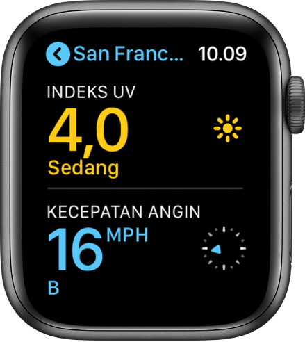 App Cuaca, menampilkan kualitas udara dan indeks UV di New York.