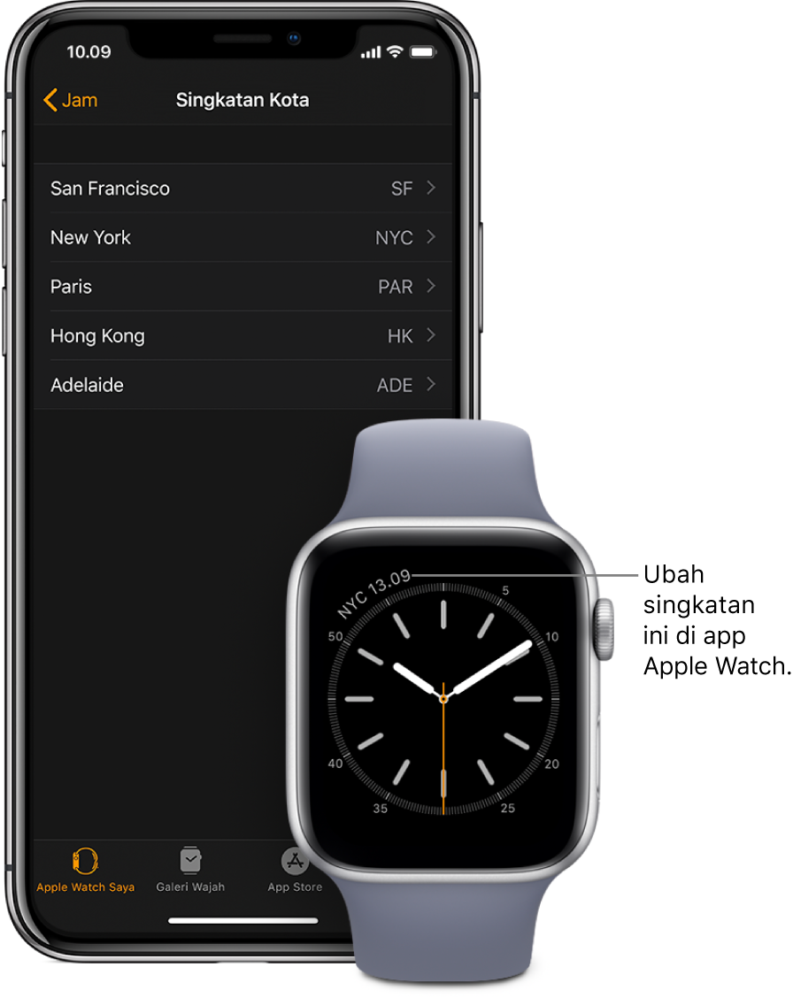 Wajah jam dengan penunjuk ke waktu di New York City, menggunakan singkatan NYC. Layar berikutnya menampilkan daftar kota dalam pengaturan Singkatan Kota, di pengaturan Jam pada app Apple Watch di iPhone.