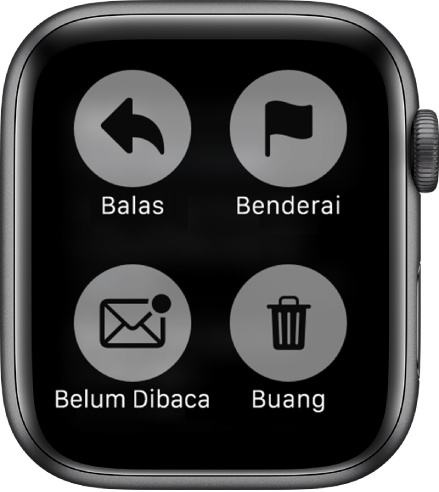 Saat menekan layar sambil melihat pesan di Apple Watch, empat tombol muncul pada layar: Balas, Bendera, Belum Dibaca, dan Tong Sampah.