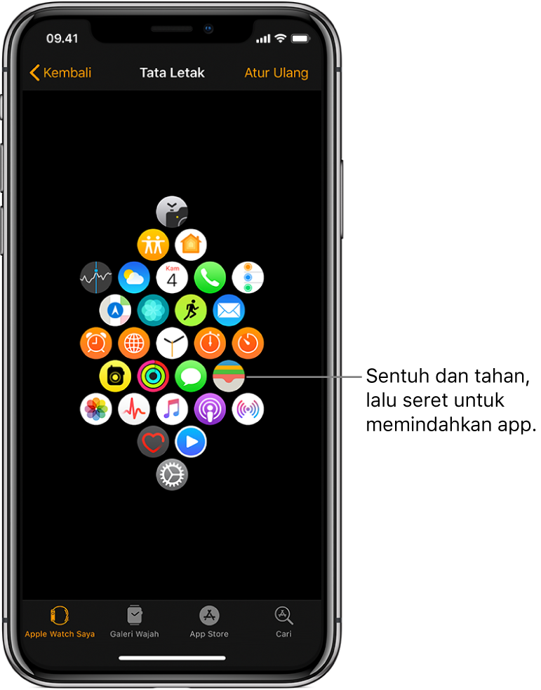 Layar Tata Letak pada app Apple Watch menampilkan grid ikon. Keterangan yang menunjuk ke ikon app dan berbunyi, “Sentuh dan seret untuk memindahkan app.”