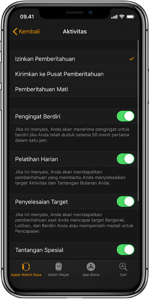 Layar Aktivitas di app Apple Watch, tempat Anda dapat menyesuaikan pemberitahuan yang ingin Anda dapatkan.