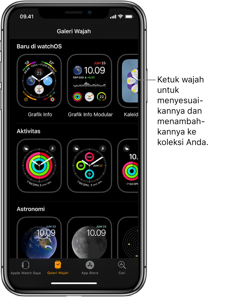 App Apple Watch dibuka ke Galeri Wajah. Baris atas menampilkan wajah baru, baris berikutnya menampilkan wajah jam yang dikelompokkan menurut jenis—Aktivitas dan Astronomi, misalnya. Anda dapat menggulir untuk melihat lebih banyak wajah yang dikelompokkan menurut jenis.