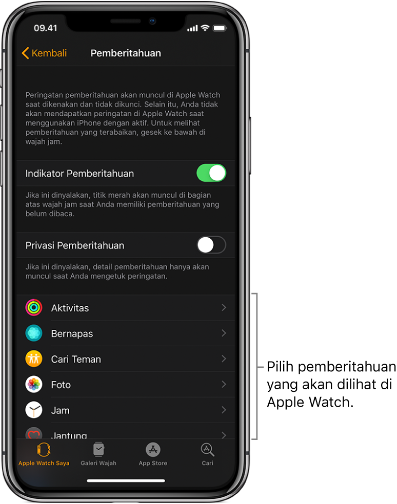 Layar Pemberitahuan di app Apple Watch pada iPhone, yang menampilkan sumber pemberitahuan.