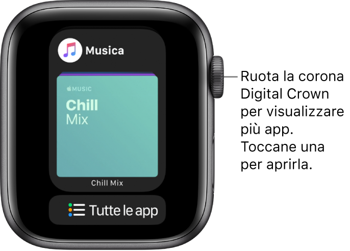 Dock che mostra l'app Musica con il pulsante “Tutte le app” sotto. Ruota la Digital Crown per visualizzare altre app. Tocca per aprirne una.