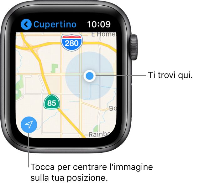 L’app Mappe che mostra una mappa; tocca la freccia nell’angolo inferiore sinistro per centrare la posizione attuale; la tua posizione viene mostrata come un puntino blu sulla mappa.