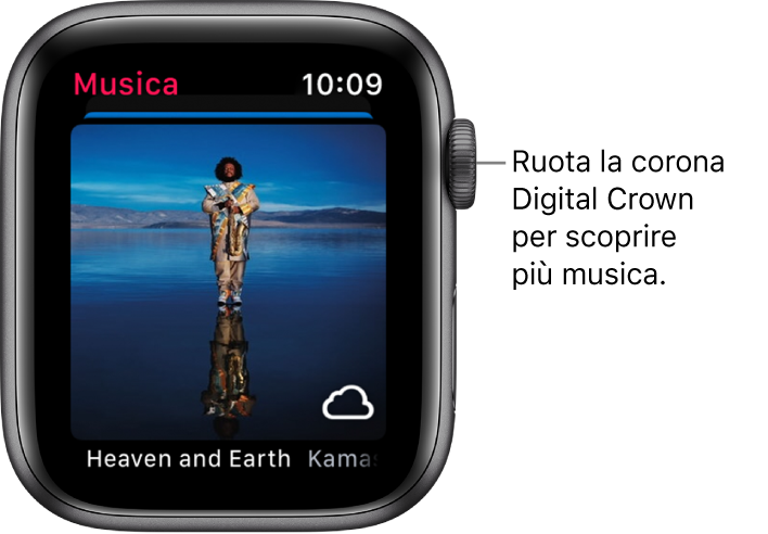 Schermata che mostra un album e la relativa illustrazione nell'app Musica.