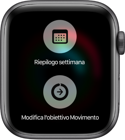 La schermata dell’app Attività, che mostra il pulsante “Riepilogo settimana” e il pulsante “Modifica l’obiettivo Movimento”.