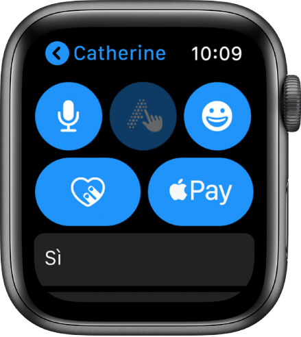 Una schermata di Messaggi con il pulsante di Apple Pay in basso a destra.