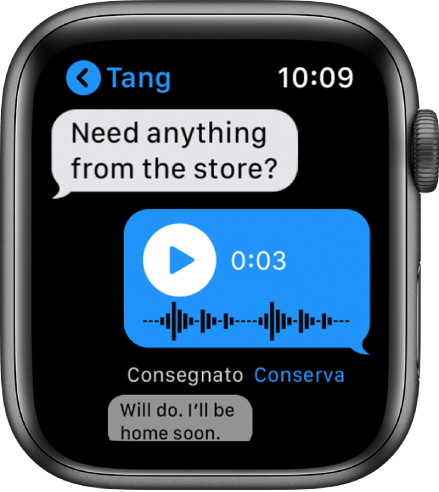 Schermata messaggi che mostra una conversazione. La risposta al centro è un messaggio audio con un pulsante di riproduzione.
