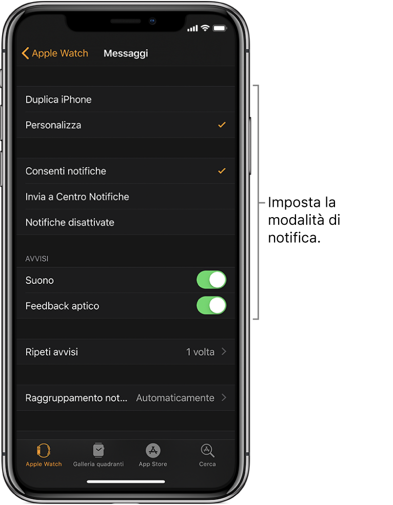 Impostazioni di Messaggi nell’app Apple Watch su iPhone. Puoi scegliere se mostrare gli avvisi, attivare il suono e il feedback aptico e ripetere gli avvisi.