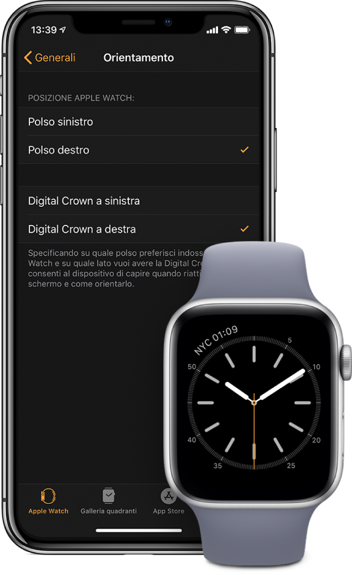 Schermate affiancate che mostrano le impostazioni Orientamento nell'app Apple Watch su iPhone e su Apple Watch. Puoi scegliere le impostazioni che preferisci per il polso e la Digital Crown.