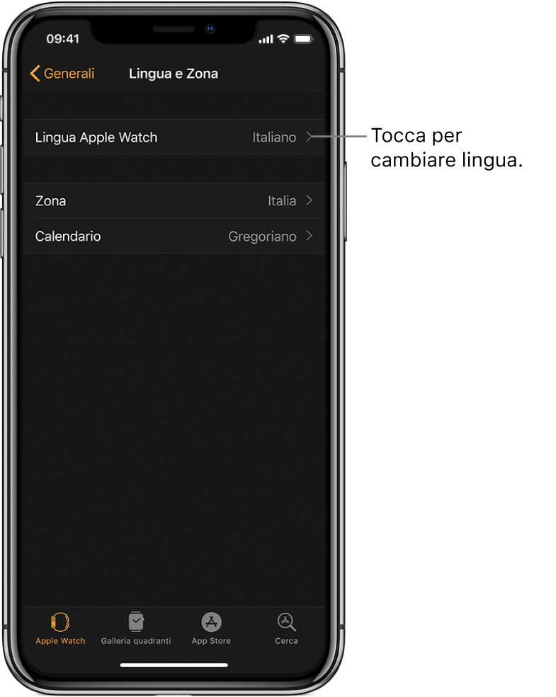 La schermata “Lingua e Zona” nell'app Apple Watch con l'impostazione “Lingua Apple Watch” in alto.