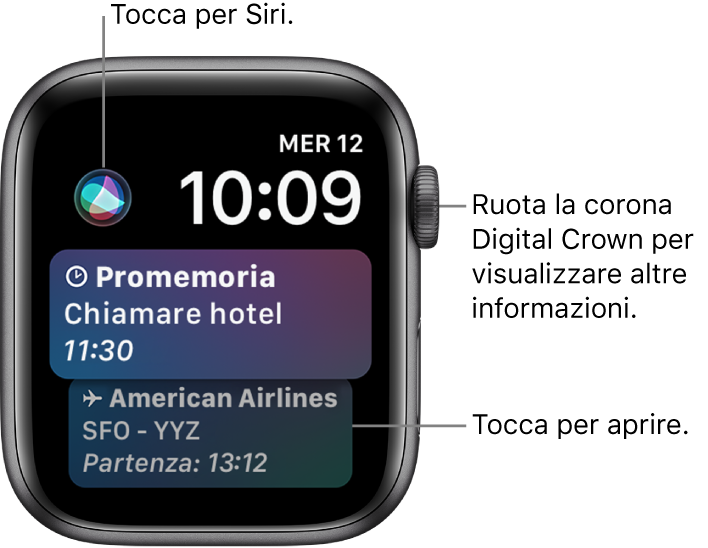 Quadrante Siri che mostra un promemoria e una carta d'imbarco. In alto a sinistra sullo schermo è presente un pulsante Siri. La data e l'ora si trovano in alto a destra.