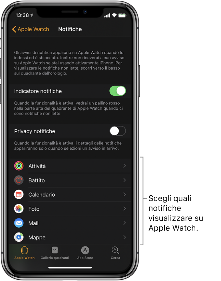 La schermata Notifiche nell'app Apple Watch su iPhone che mostra la provenienza delle notifiche.