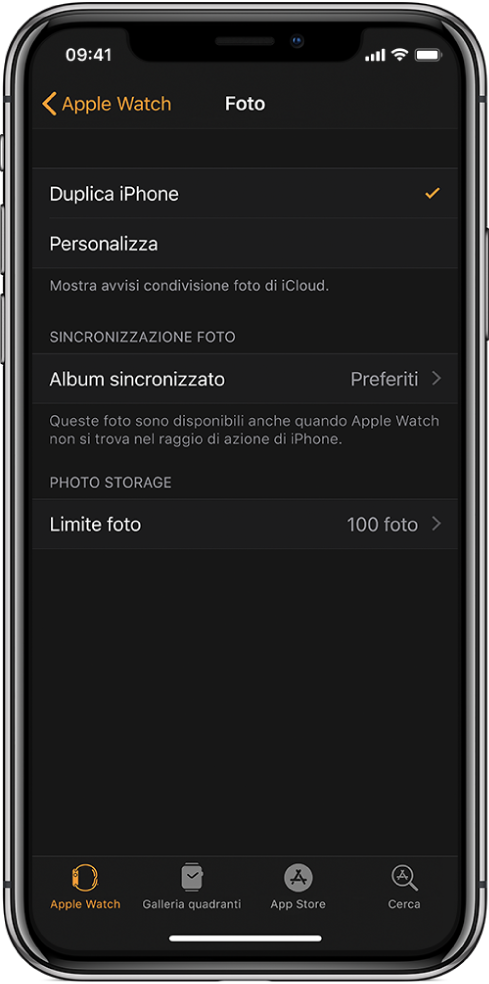 Le impostazioni di Foto nell’app Apple Watch su iPhone, con l’impostazione relativa all’album sincronizzato al centro e l’impostazione relativa al limite di foto sotto.