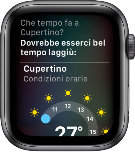 Una schermata di Siri. In alto c'è la domanda “Che tempo fa sul lago Tahoe oggi?”. Sotto c'è la risposta “Ecco che tempo fa sul lago Tahoe oggi”, seguita da un grafico che mostra il meteo orario del lago Tahoe meridionale.