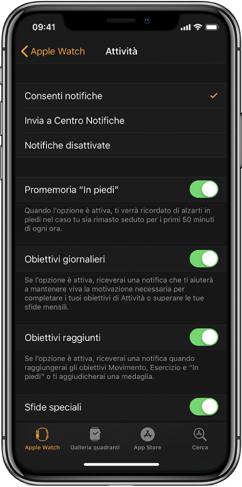 La schermata di Attività nell’app Apple Watch ti consente di personalizzare le notifiche che vuoi ricevere.