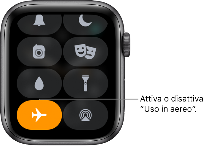 Centro di controllo con il pulsante “Uso in aereo” evidenziato per mostrare che la modalità “Uso in aereo” è attiva.