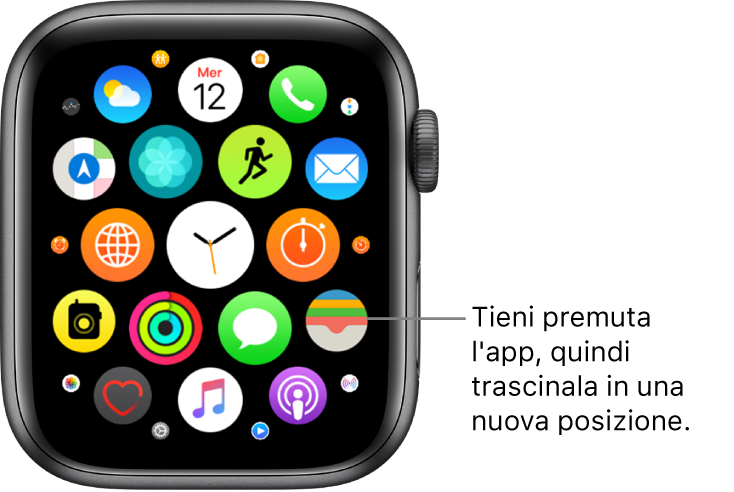 Schermata Home di Apple Watch in vista griglia. La didascalia riporta “Tieni premuta un’app, quindi trascinala in una nuova posizione”.