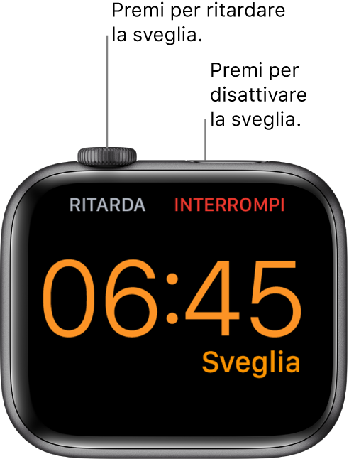 Apple Watch posizionato sul lato, con lo schermo che mostra una sveglia che suona. Sotto la Digital Crown è presente la parola “Ritarda”. Sotto il tasto laterale è presente la parola “Stop”.