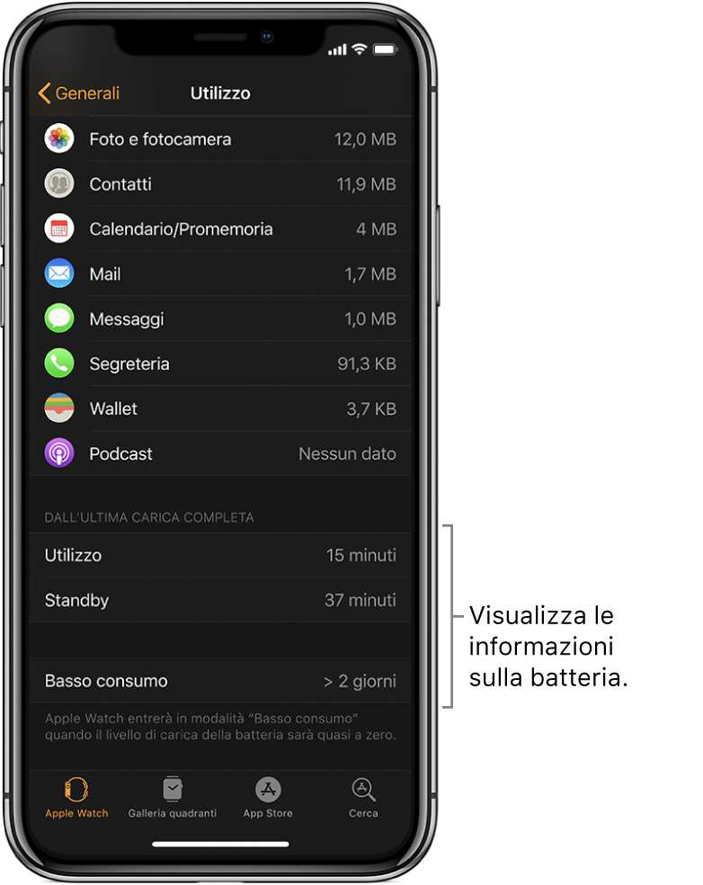 La schermata Utilizzo, nell’app Apple Watch, ti consente di visualizzare informazioni su Utilizzo, Standby e “Basso consumo” nella metà inferiore dello schermo.