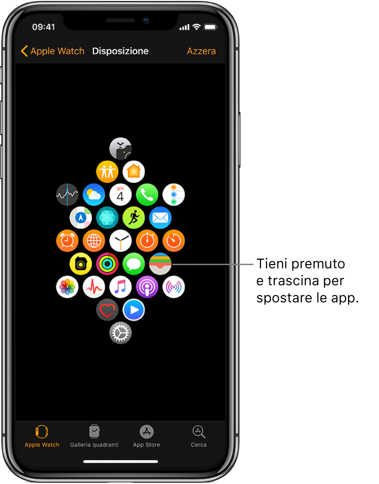 Una schermata dell’app Apple Watch che mostra una griglia di icone. Una didascalia indica l’icona di un’app e dice: “Tieni premuto e trascina per spostare le app”.