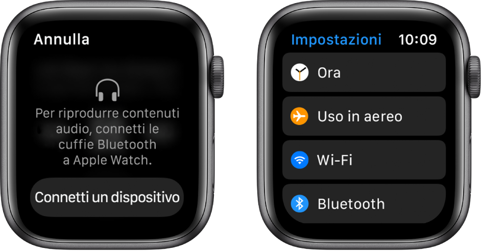 Se prima di abbinare gli altoparlanti o gli auricolari Bluetooth cambi la sorgente musicale impostandola su Apple Watch, verso la parte inferiore della schermata viene visualizzato il pulsante “Connetti un dispositivo” che apre le impostazioni Bluetooth su Apple Watch; qui puoi aggiungere un dispositivo audio.