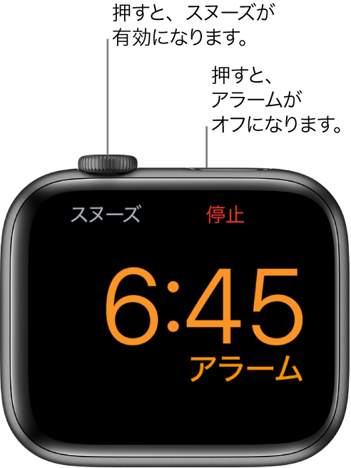 横向きに置かれたApple Watch。画面には作動中のアラームが表示されています。Digital Crownの下には「スヌーズ」という言葉が表示されています。「停止」という言葉はサイドボタンの下に表示されています。