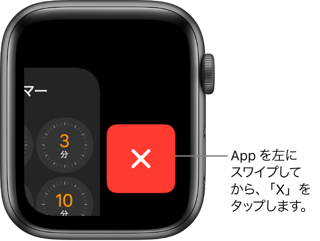 Appを左にスワイプした後のDock。中央に「×」ボタンが表示されています。