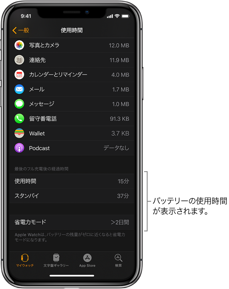 Apple Watch Appの「使用状況」画面では、画面の下半分に、「使用状況」、「スタンバイ」、および「省電力モード」のバッテリー使用時間が表示されます。
