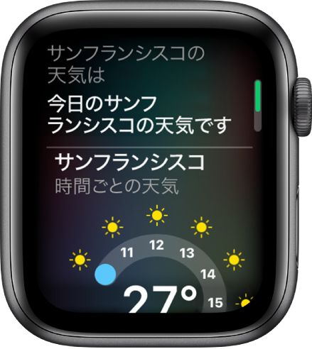 Siriの画面。上部には質問「名古屋の天気は?」があります。その下のSiriからの回答では、「今日の名古屋市の天気です」に続いて名古屋の1時間ごとの天気が表示されています。