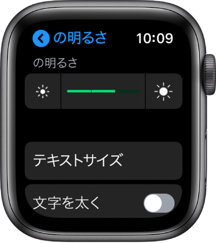 Apple Watchの「明るさ」設定。上部に「明るさ」スライダ、その下に「テキストサイズ」ボタン、一番下に「文字を太く」コントロールがあります。