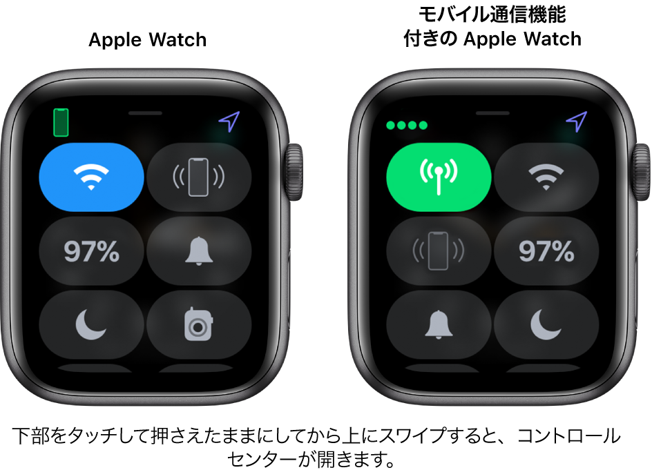 2つのイメージ: 左側はモバイル通信機能のないApple Watch。コントロールセンターが表示されています。左上にWi-Fiボタン、右上にiPhone呼出ボタン、中央左にバッテリー残量ボタン、中央右に消音モードボタン、左下におやすみモードボタン、右下にトランシーバーボタンが表示されています。右側のイメージは、モバイル通信機能付きのApple Watchを示しています。コントロールセンターの左上にモバイル通信ボタン、右上にWi-Fiボタン、中央左にiPhone呼出ボタン、中央右にバッテリー残量ボタン、左下に消音モードボタン、右下におやすみモードボタンが表示されています。