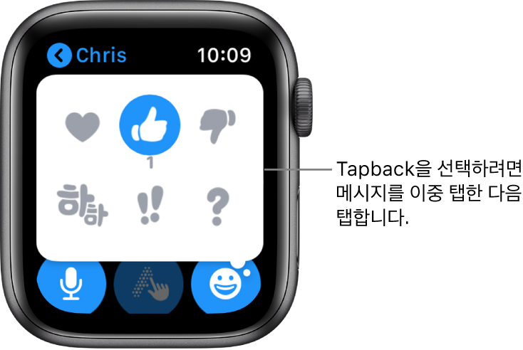 하트, 엄지 올림, 엄지 내림, 하하, !!, ?와 같은 Tapback 옵션이 있는 메시지 대화입니다.