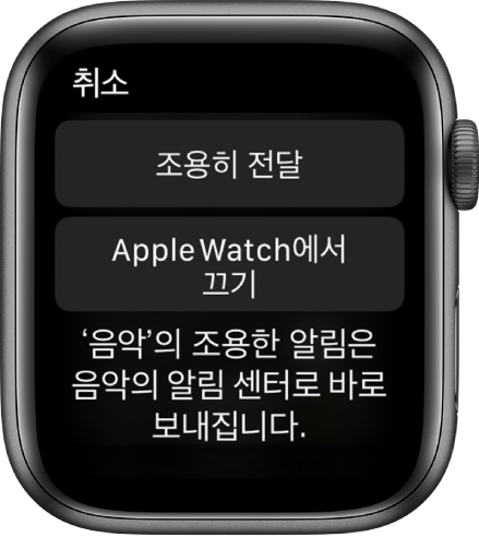 Apple Watch의 알림 설정. 상단 버튼은 ‘조용히 전달’이라고 쓰여 있고 그 아래 버튼은 ‘Apple Watch에서 끄기’라고 쓰여 있음.