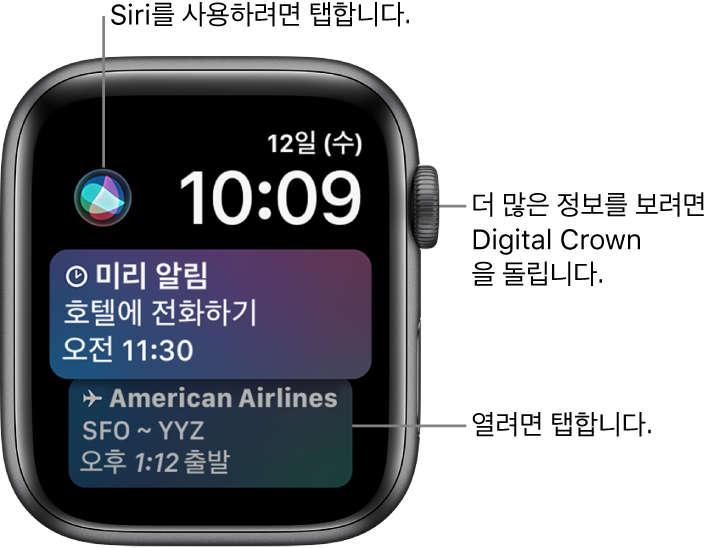 미리알림과 항공권이 표시된 Siri 시계 페이스. 화면 왼쪽 상단에 Siri 버튼. 오른쪽 상단에 공유 버튼.