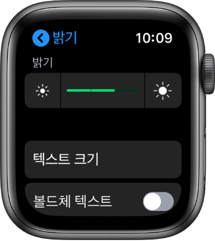 Apple Watch의 밝기 설정입니다. 상단에는 밝기 슬라이더, 아래에는 텍스트 크기 버튼, 하단에는 볼드체 텍스트 제어기가 있습니다.